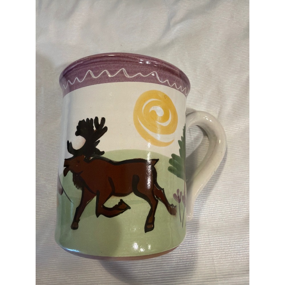 Caribou Coffee Handmade Pottery Mug Moose Mountain Wilderness Scene Lavender